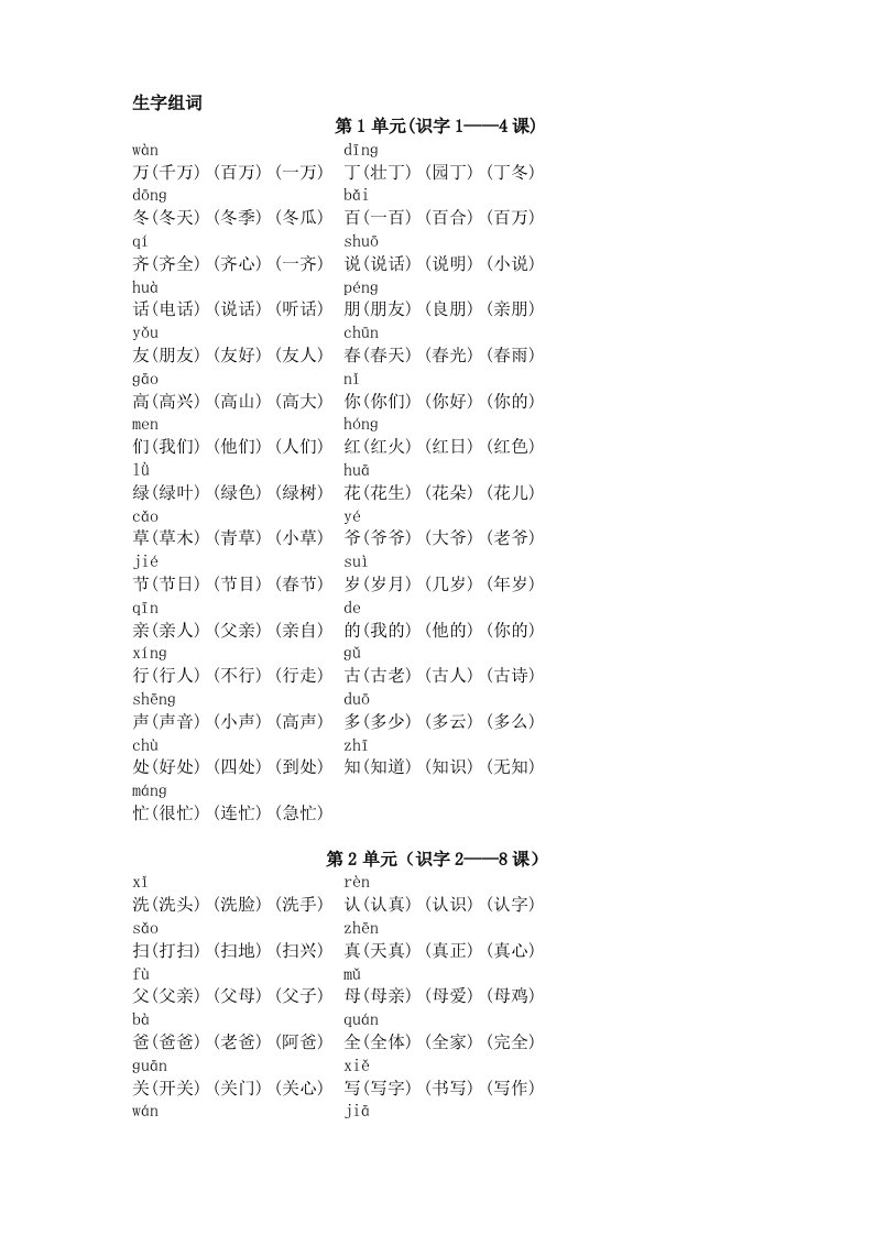 一年级语文下册所有生字注音和组词