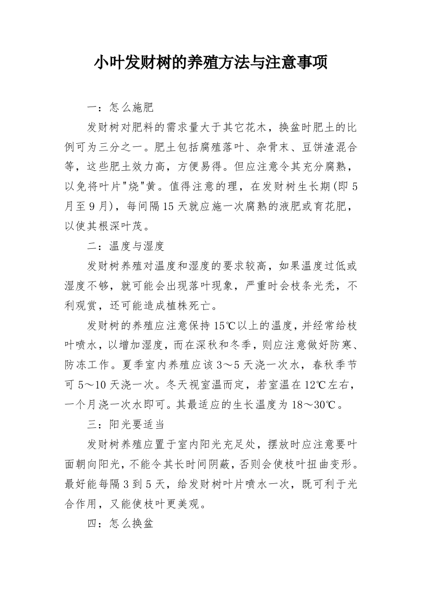 小叶发财树的养殖方法与注意事项