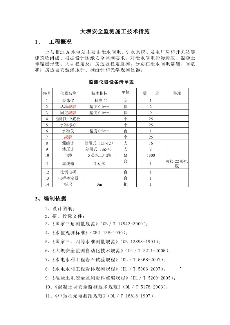 上马相迪A水电站泄水闸坝安全监测施工方案