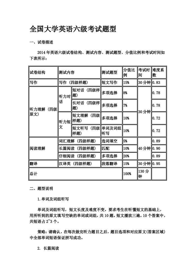 全国大学英语六级考试题型