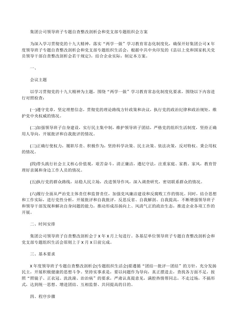 集团公司领导班子专题自查整改剖析会和党支部专题组织会方案[修改版]