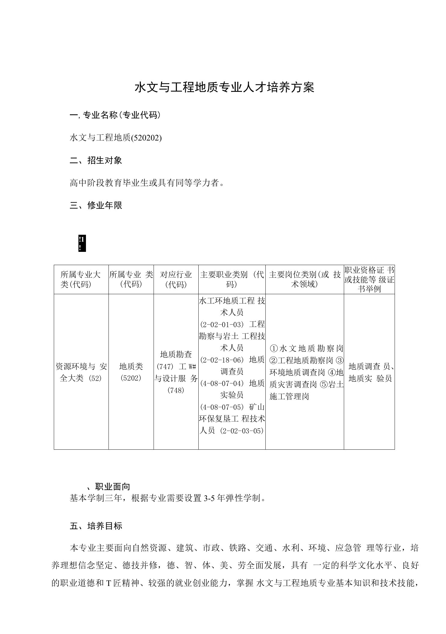 水文与工程地质专业人才培养方案(高职)