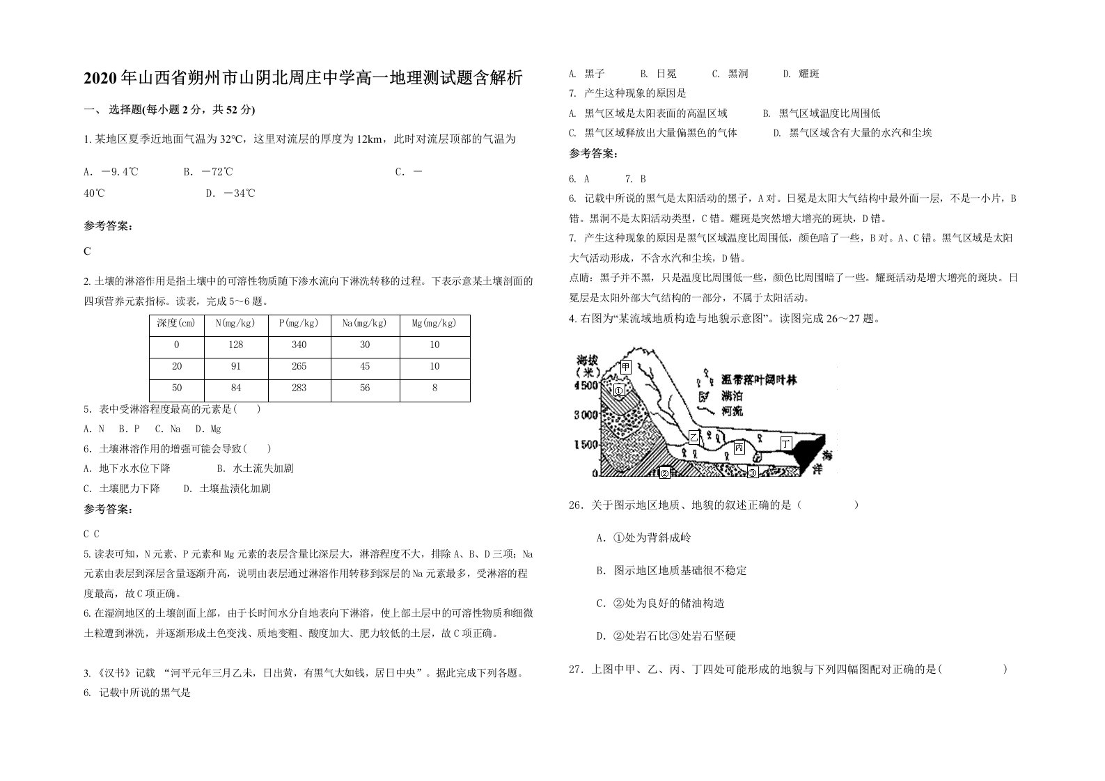 2020年山西省朔州市山阴北周庄中学高一地理测试题含解析