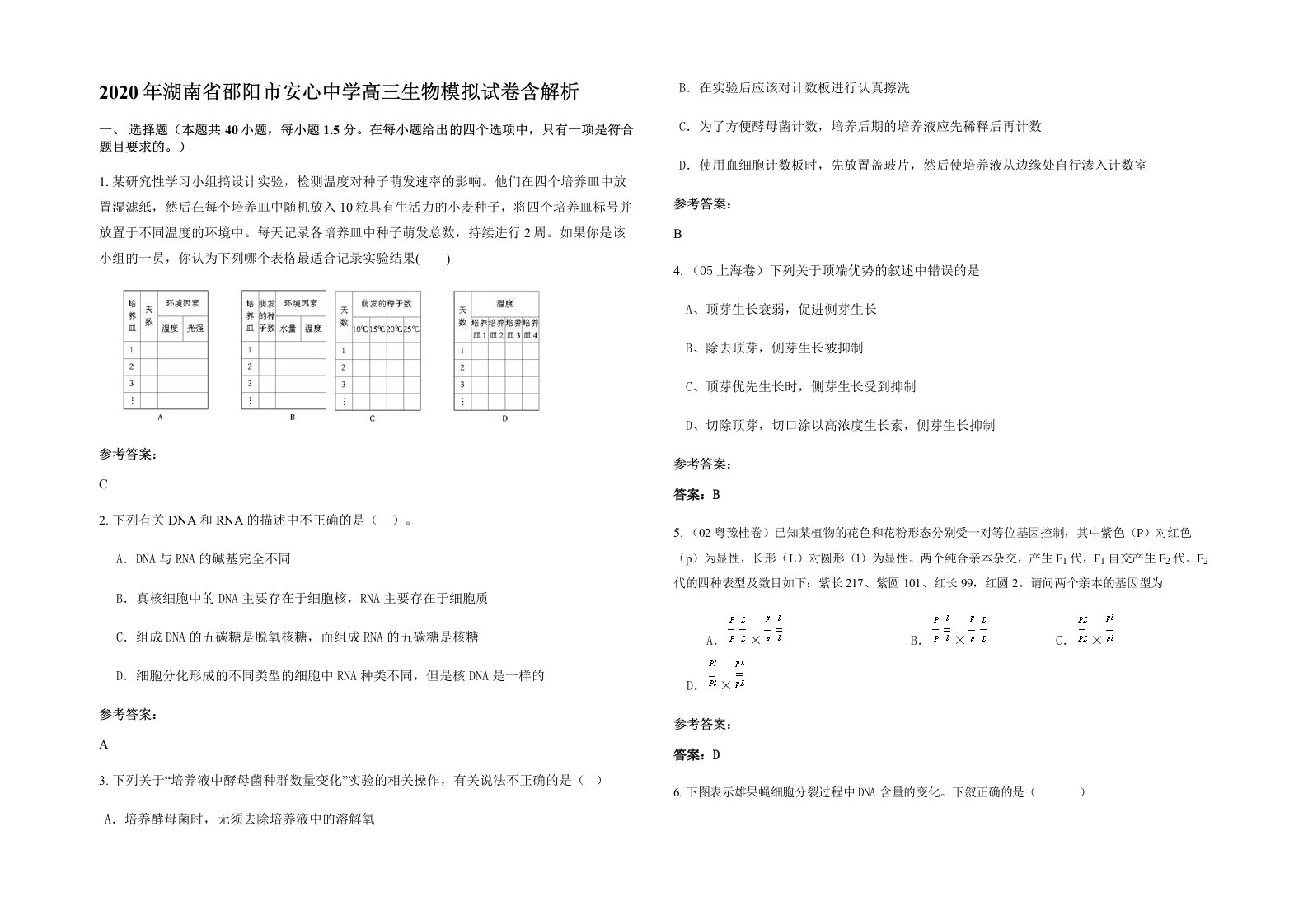 2020年湖南省邵阳市安心中学高三生物模拟试卷含解析