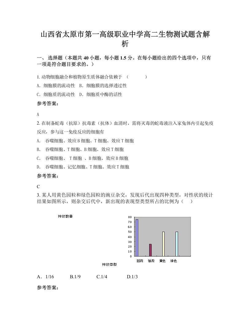 山西省太原市第一高级职业中学高二生物测试题含解析