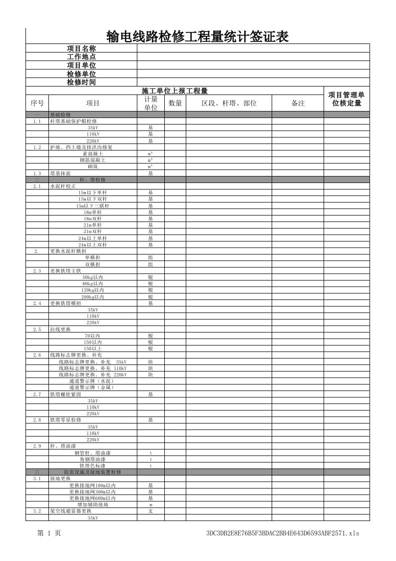 输电线路检修工程工程量统计表(模板)