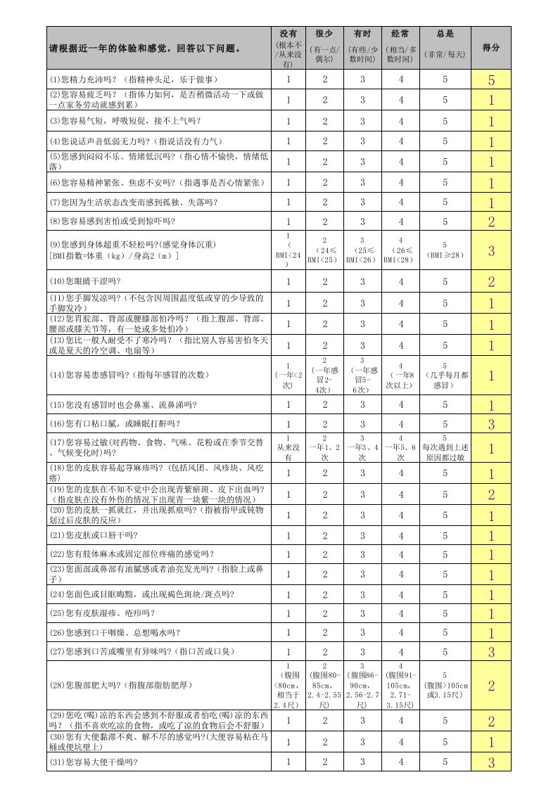 中医体质辨识计算表