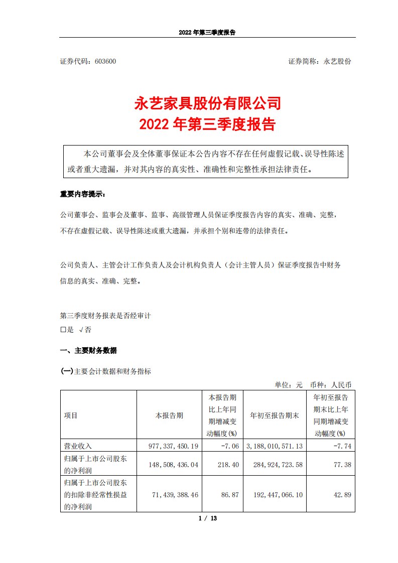 上交所-永艺家具股份有限公司2022年第三季度报告-20221028