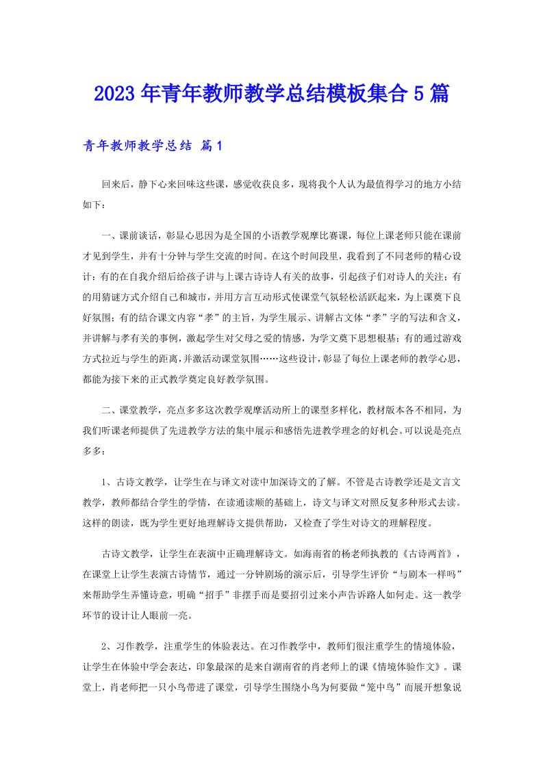 2023年青年教师教学总结模板集合5篇