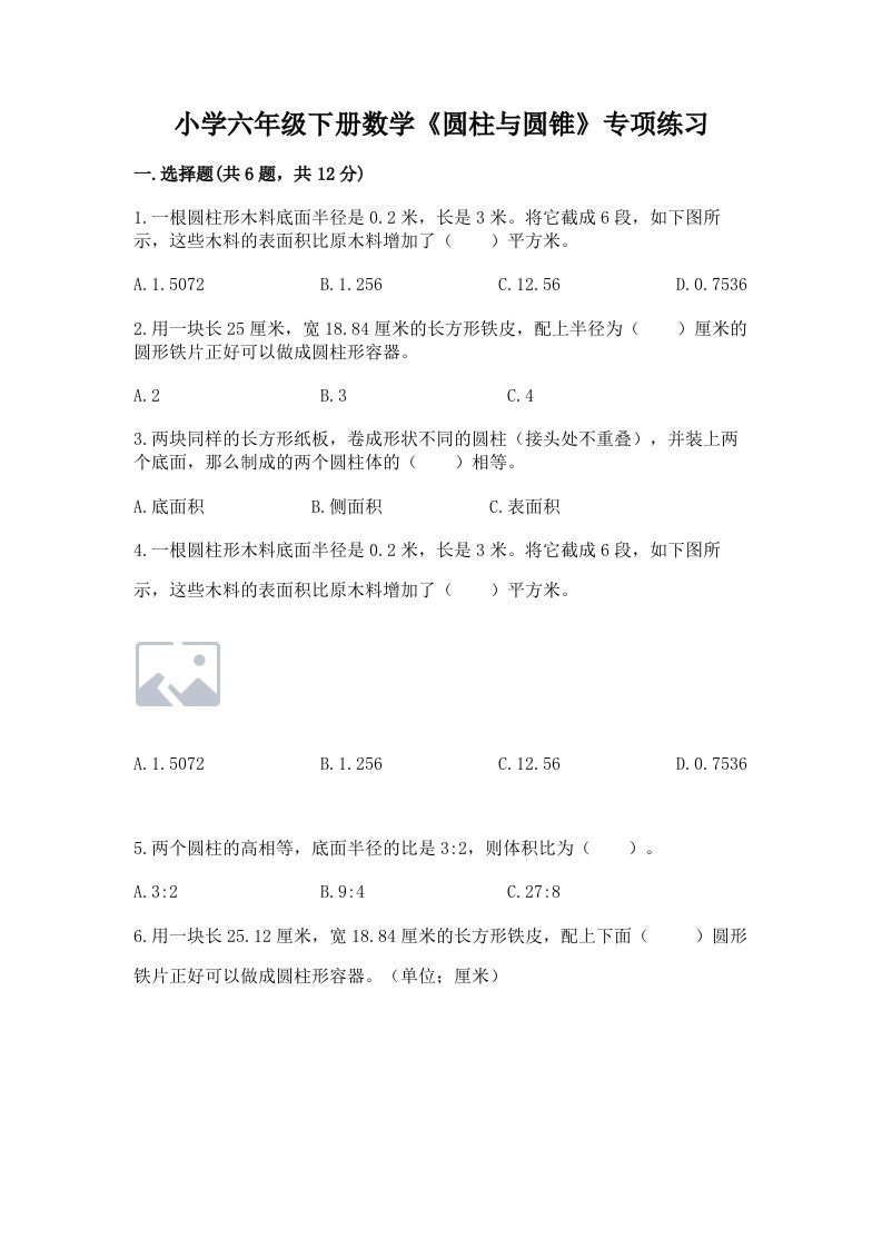 小学六年级下册数学《圆柱与圆锥》专项练习精品（必刷）