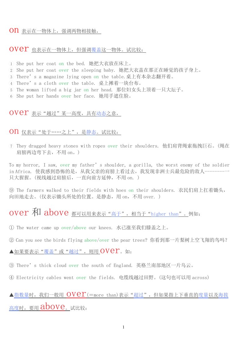 方位介词onover和abovebelow和under的用法区别