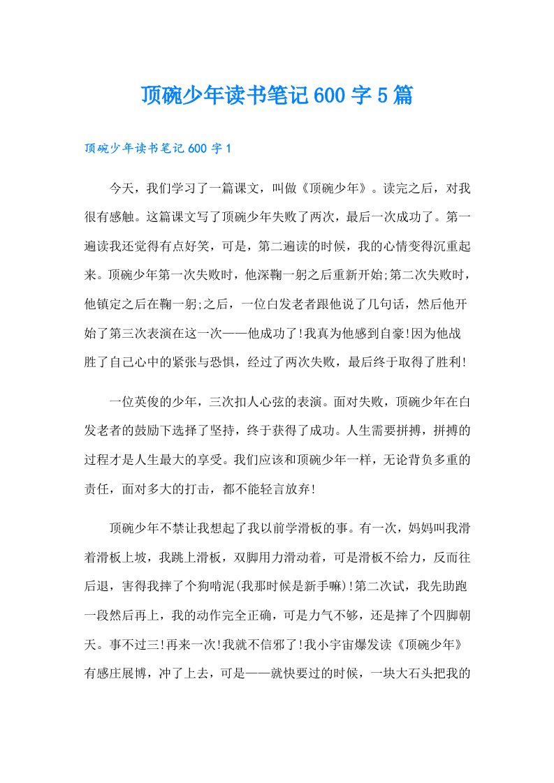 顶碗少年读书笔记600字5篇