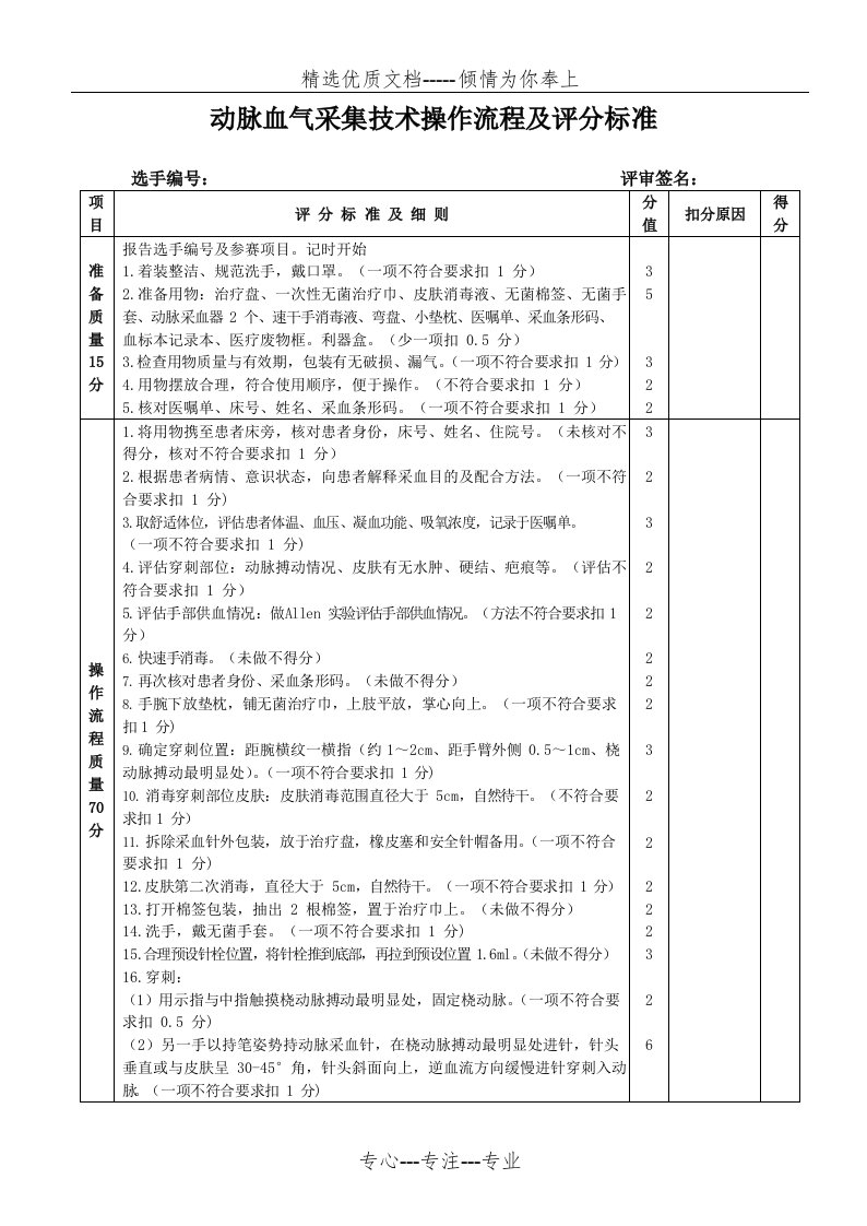 动脉采血技术操作流程及评分标准(共2页)