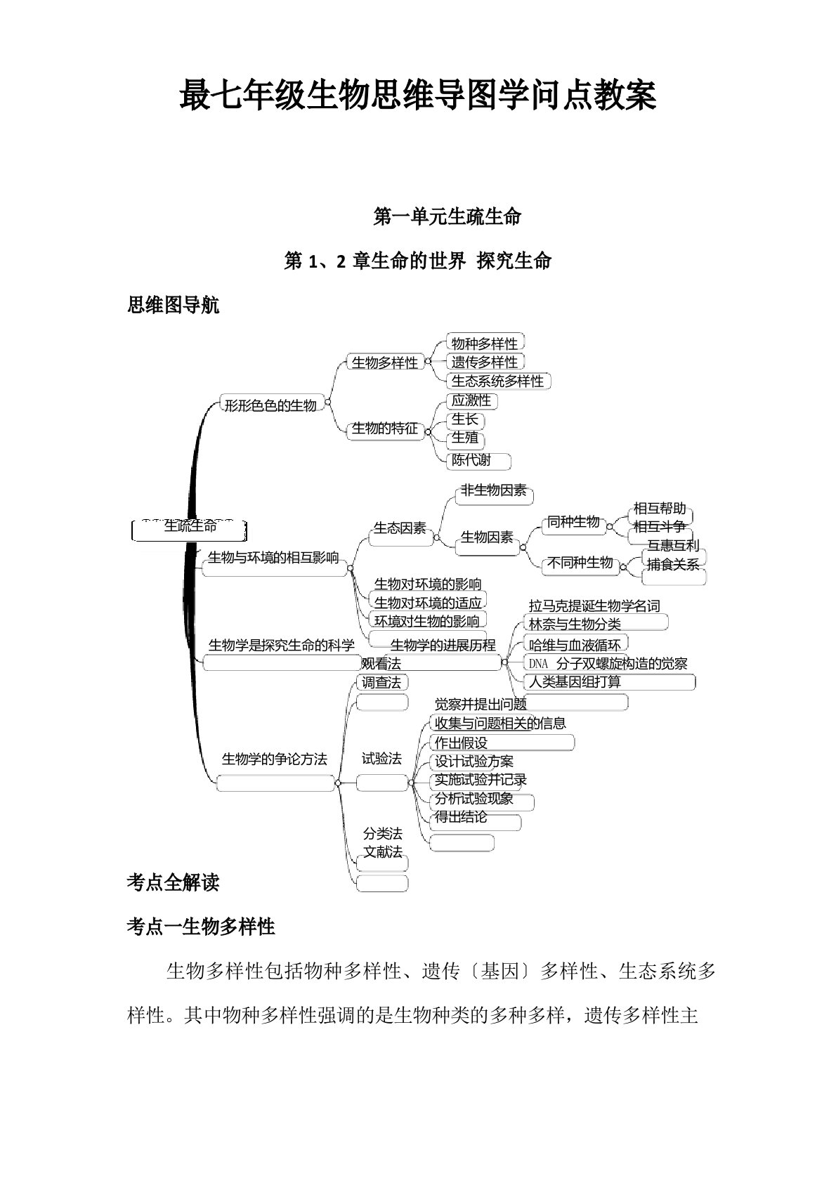 七年级生物思维导图知识点教案