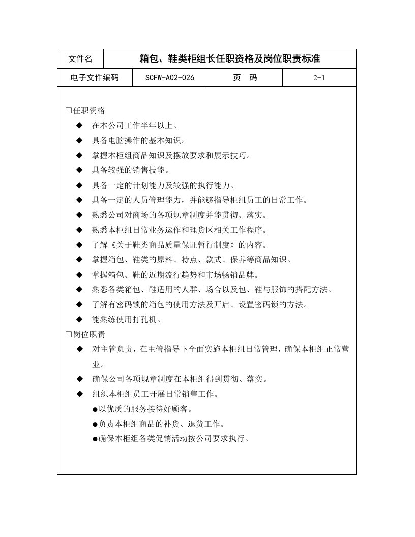 生产管理-26箱包甘鞋类柜组长任职资格及岗位职责标准