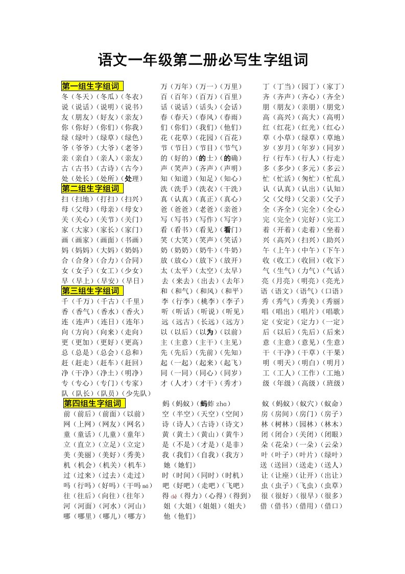 语文第2册必写生字组词(全)