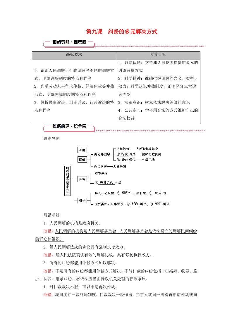 2025版高考政治一轮总复习知识导航选择性必修2第4单元社会争议解决第9课纠纷的多元解决方式