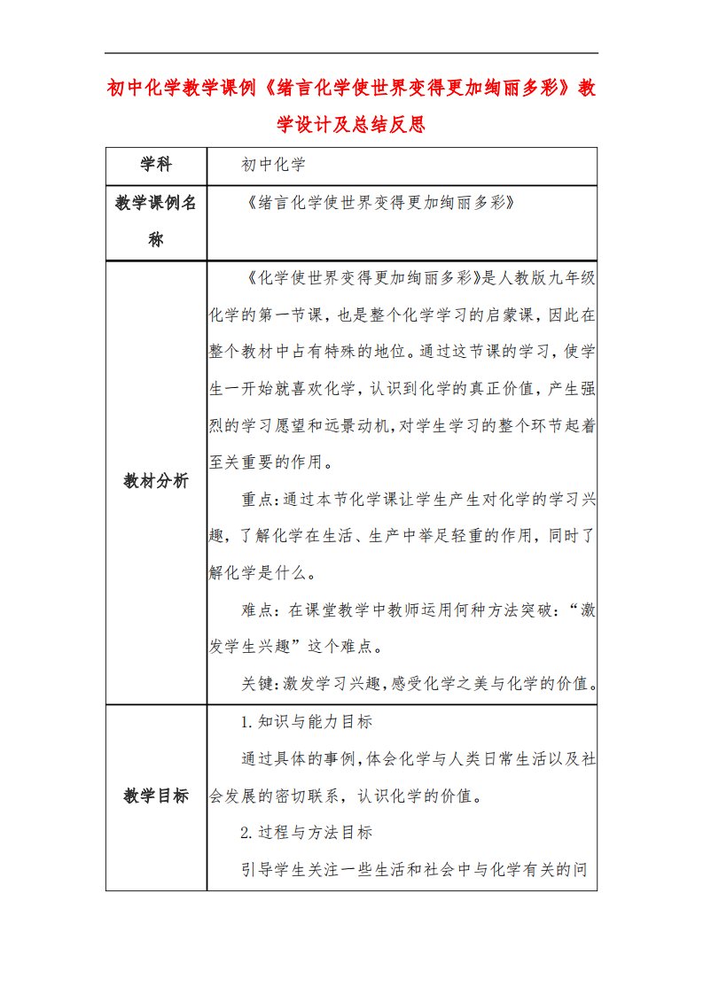 初中化学教学课例《绪言化学使世界变得更加绚丽多彩》课程思政核心素养教学设计及总结反思