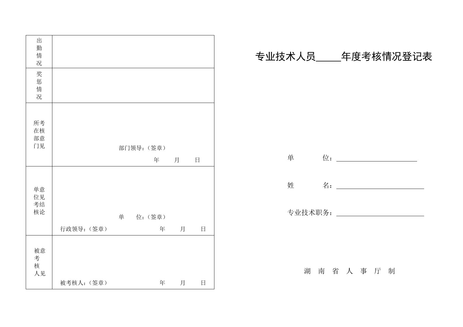 专业技术人员年度考核情况登记表模版