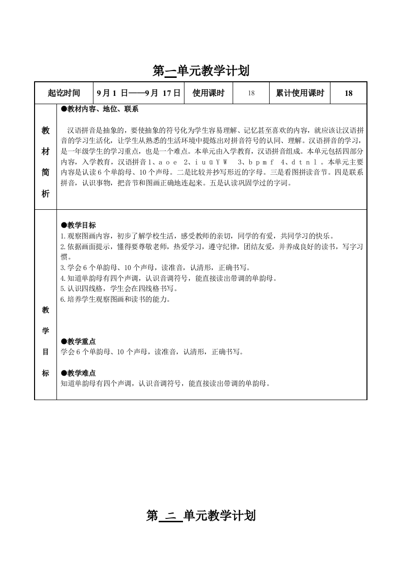 小学一年级语文上册教学各个单元计划