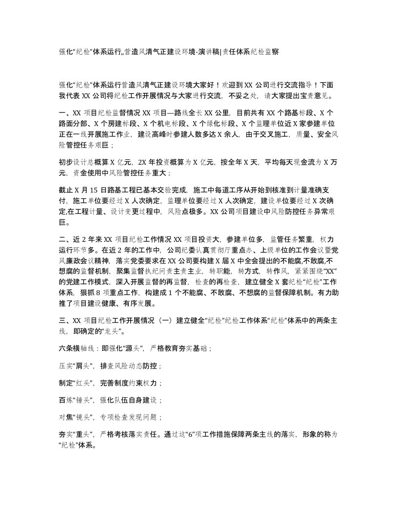 强化纪检体系运行营造风清气正建设环境-演讲稿责任体系纪检监察