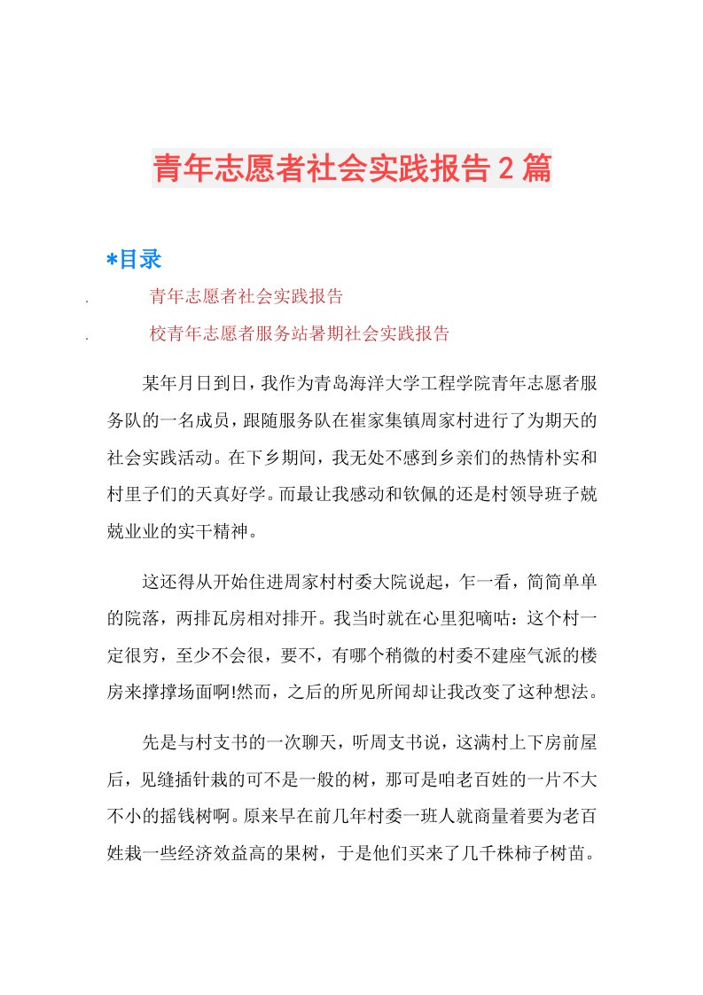 青年志愿者社会实践报告2篇