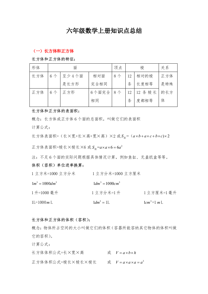 苏教六年级数学上册知识点归纳总结