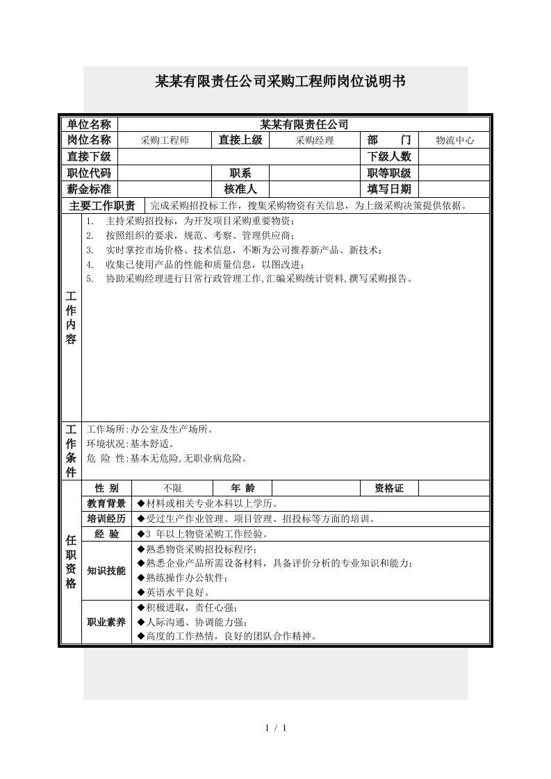 采购工程师岗位说明书