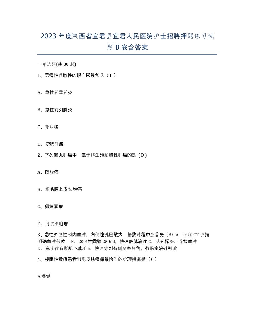 2023年度陕西省宜君县宜君人民医院护士招聘押题练习试题B卷含答案