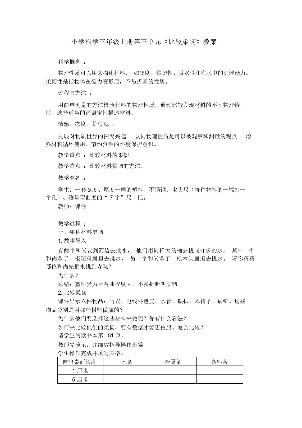 小学科学三年级上册第三单元《比较柔韧》教案