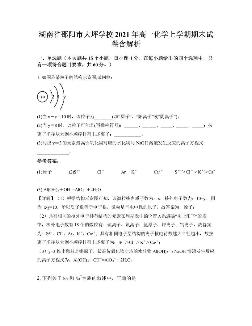 湖南省邵阳市大坪学校2021年高一化学上学期期末试卷含解析