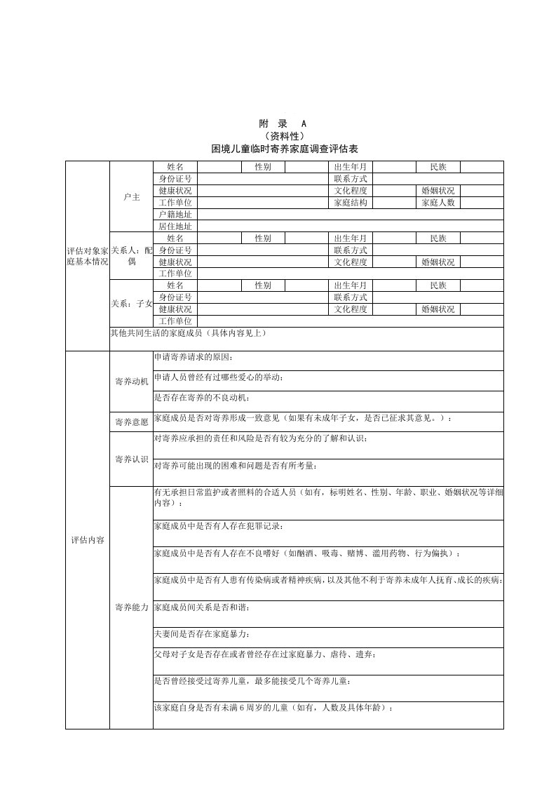 困境儿童临时寄养家庭调查评估表、基本信息调查表、家庭监护缺失评估指标表、家庭环境预警评估表