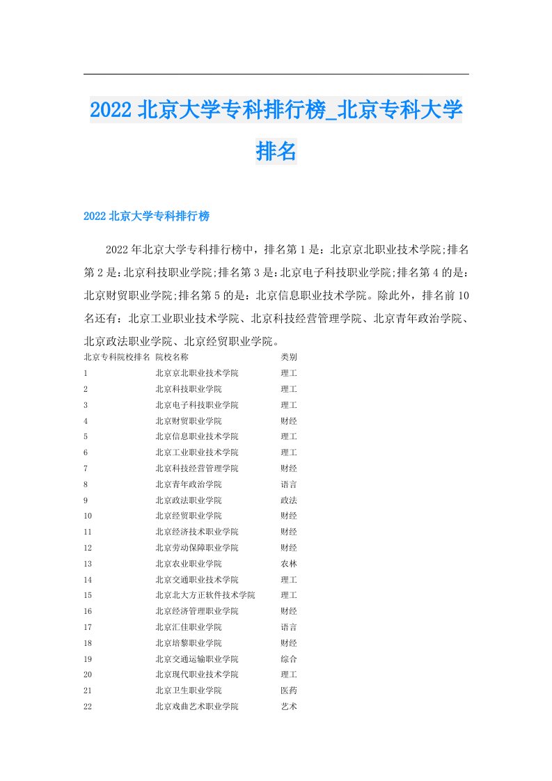 北京大学专科排行榜_北京专科大学排名