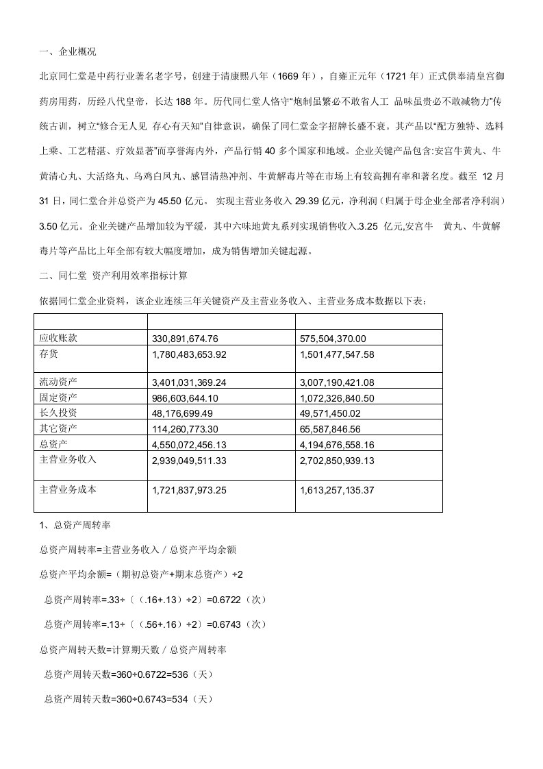 2021年度电大财务报表分析同仁堂网上作业答案