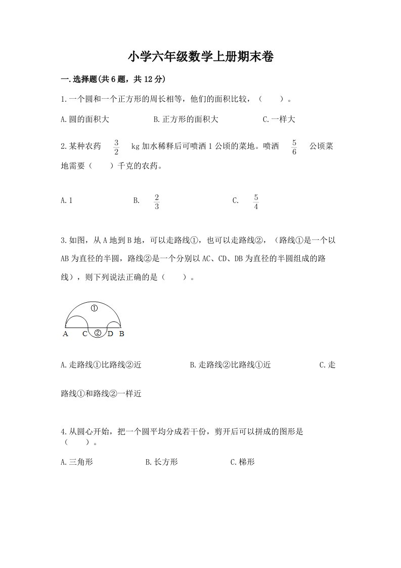 小学六年级数学上册期末卷带答案（预热题）