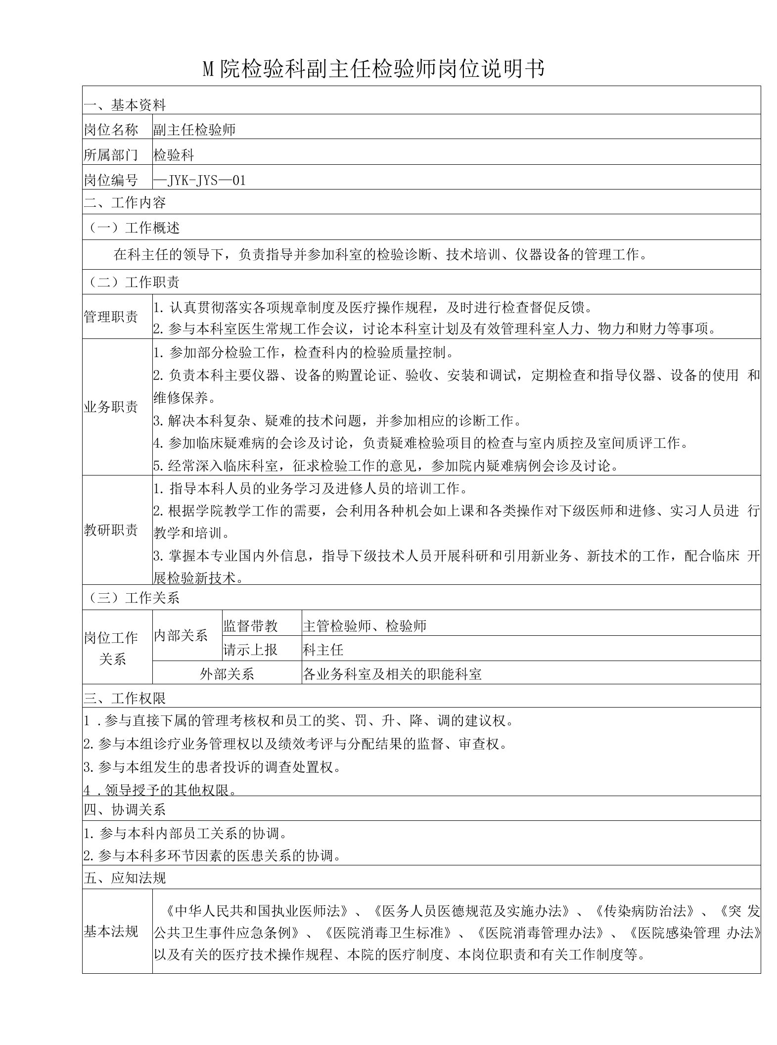 医院检验科副主任检验师岗位说明书