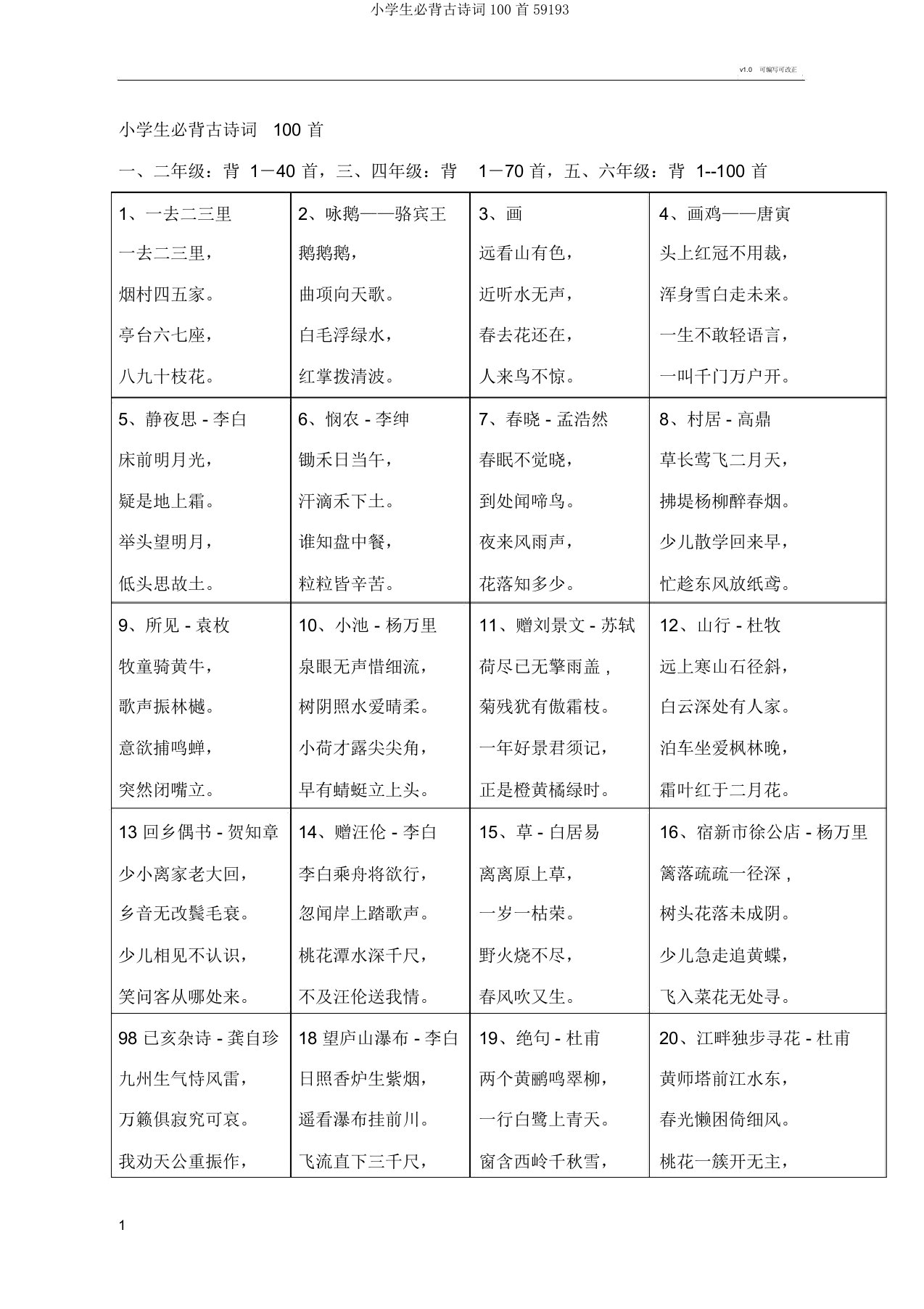 小学生必背古诗词100首