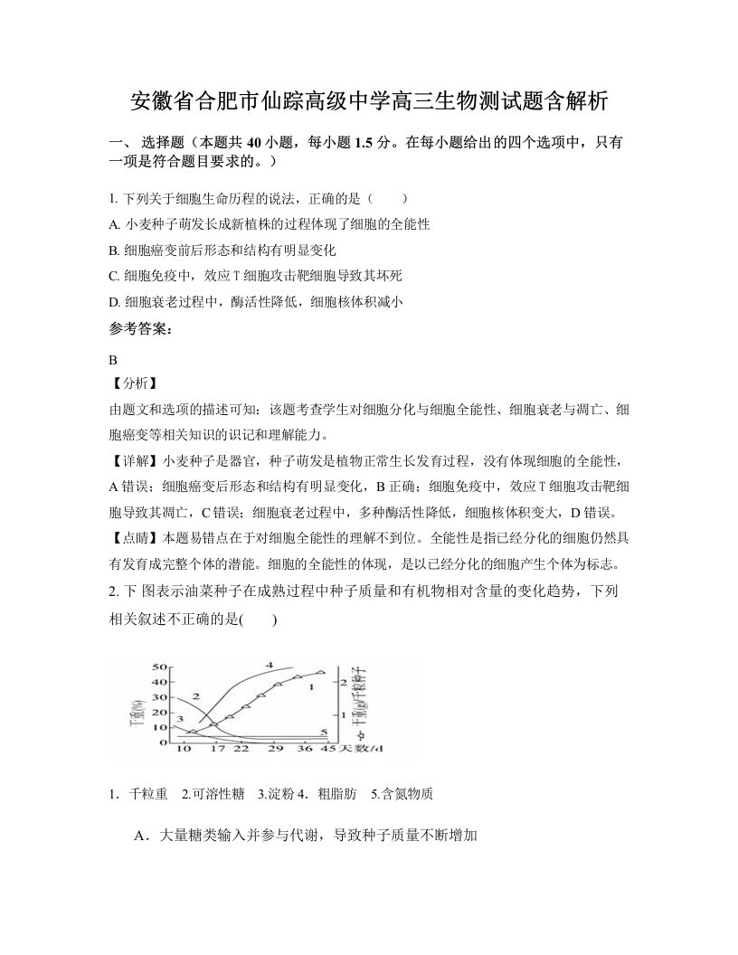 安徽省合肥市仙踪高级中学高三生物测试题含解析