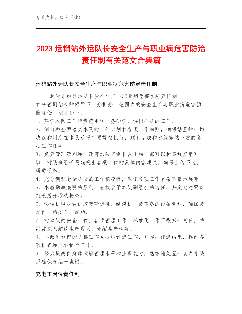 2023运销站外运队长安全生产与职业病危害防治责任制范文合集篇