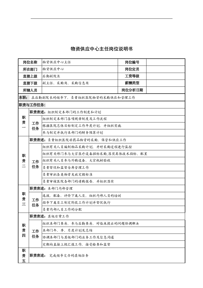 物资供应中心主任岗位说明书