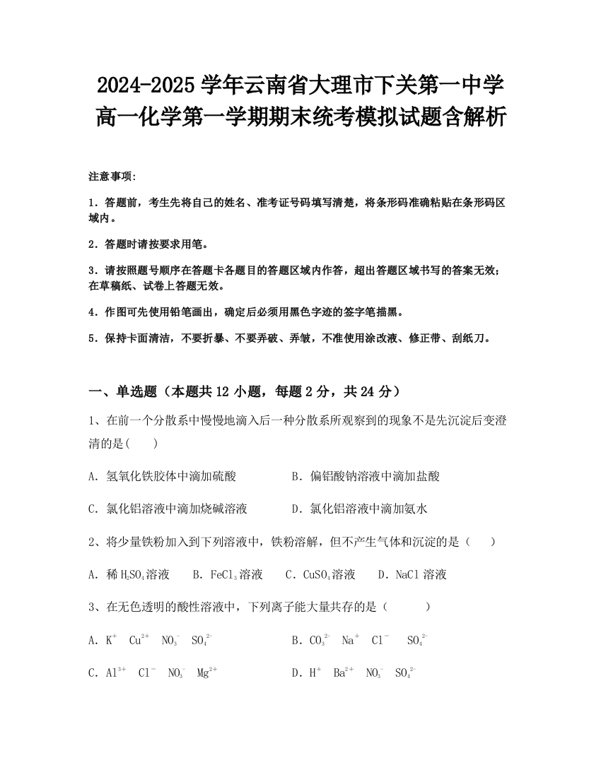 2024-2025学年云南省大理市下关第一中学高一化学第一学期期末统考模拟试题含解析