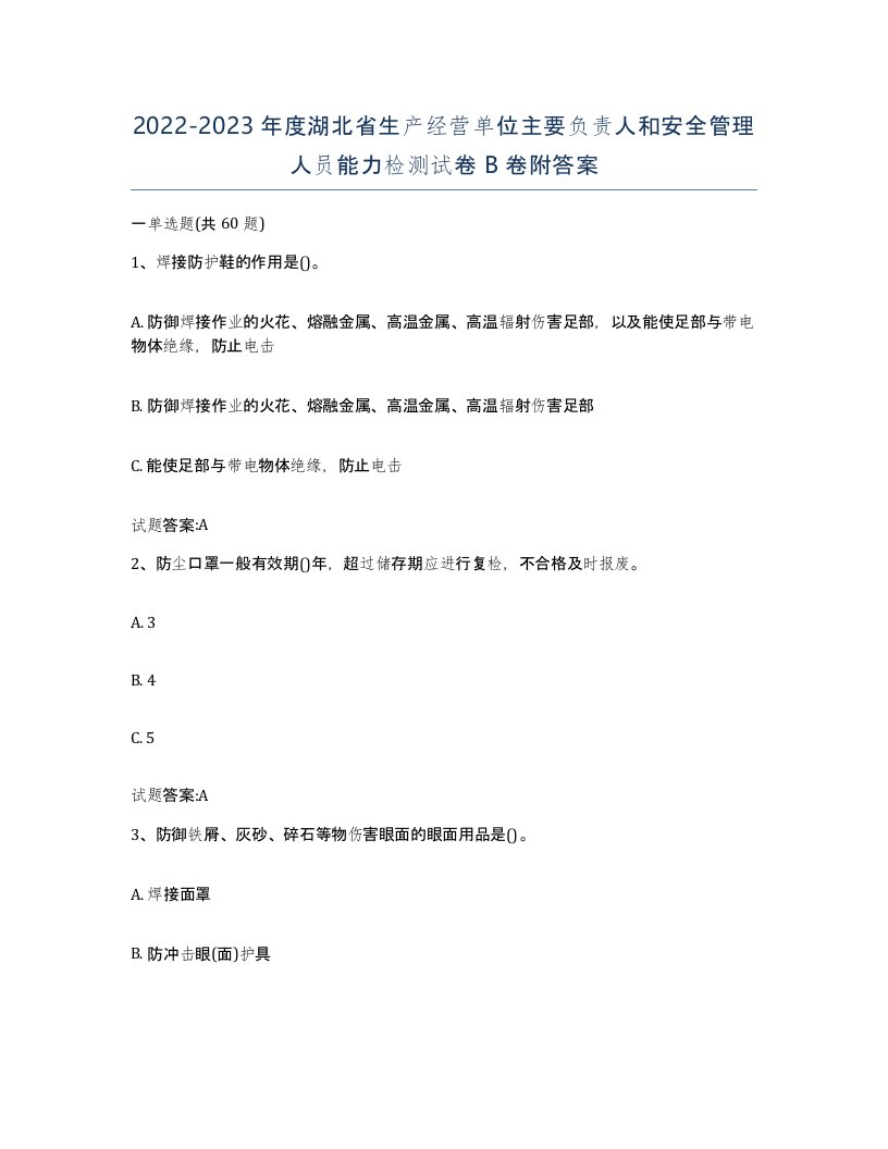 20222023年度湖北省生产经营单位主要负责人和安全管理人员能力检测试卷B卷附答案