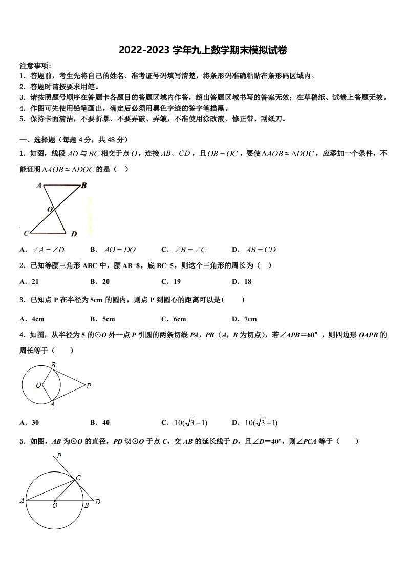 2022年黑龙江省大庆市第十九中学数学九年级第一学期期末监测模拟试题含解析