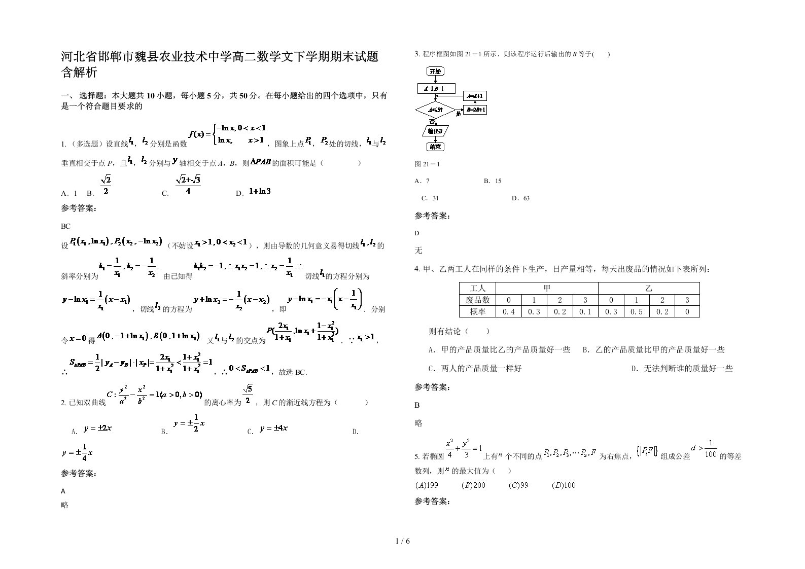 河北省邯郸市魏县农业技术中学高二数学文下学期期末试题含解析