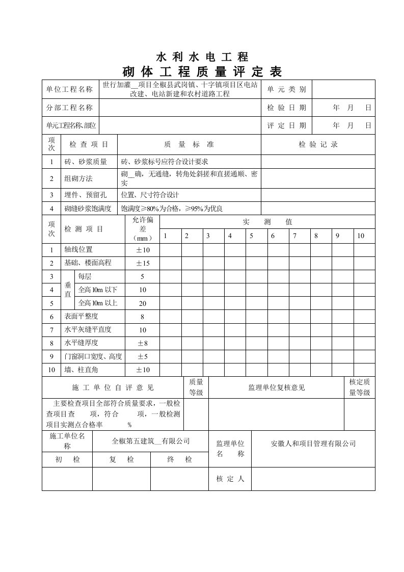 砌体工程质量评定表