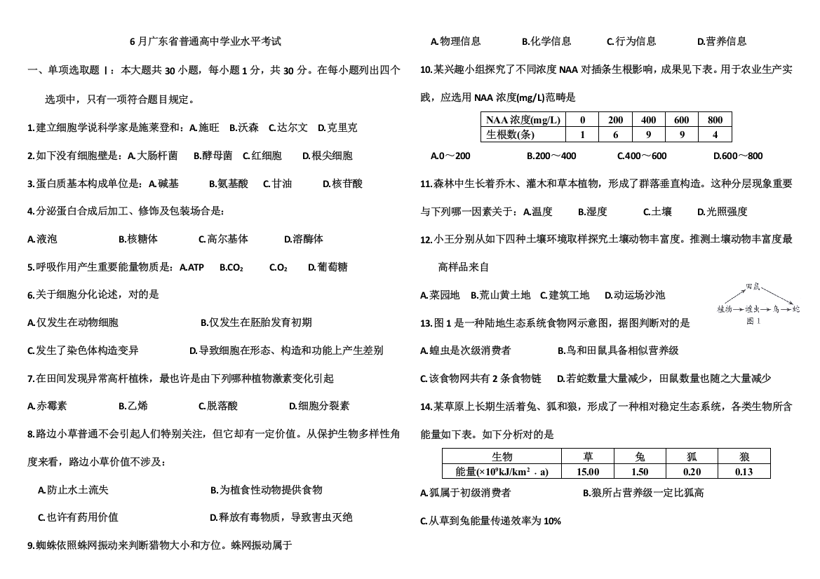 2021年6月广东省普通高中学业水平考试生物试题含答案