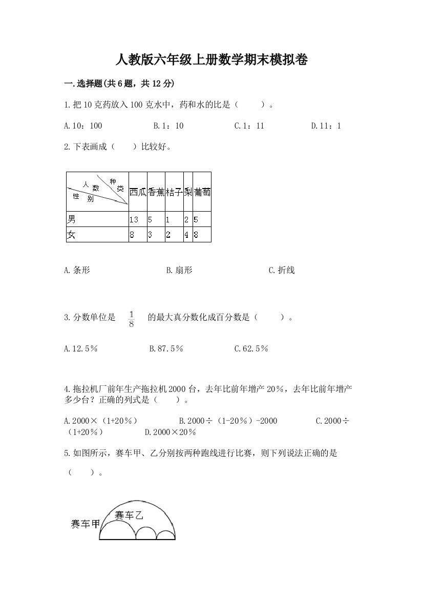 人教版六年级上册数学期末模拟卷【夺冠】