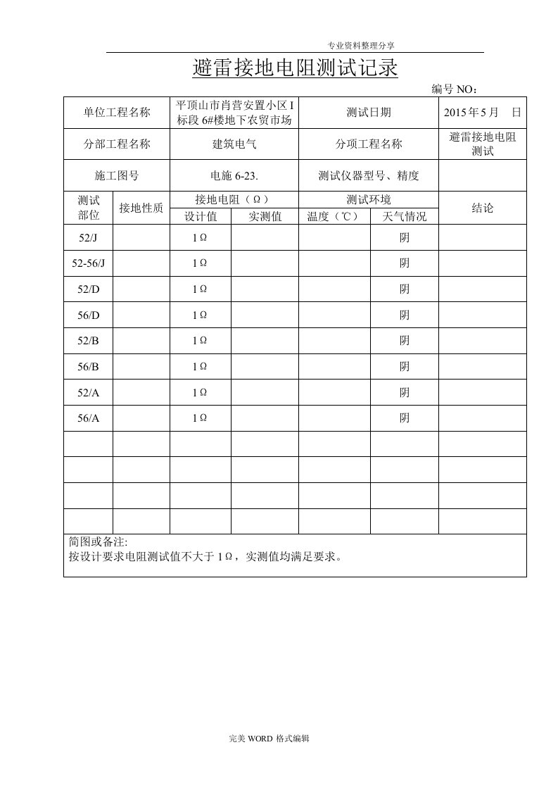 避雷接地电阻测试记录文本