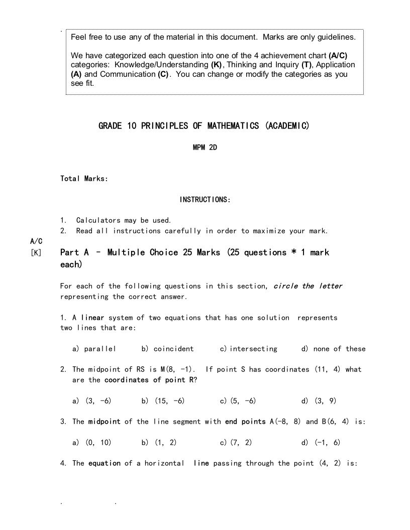 加拿大安大略省十年级数学试卷英文