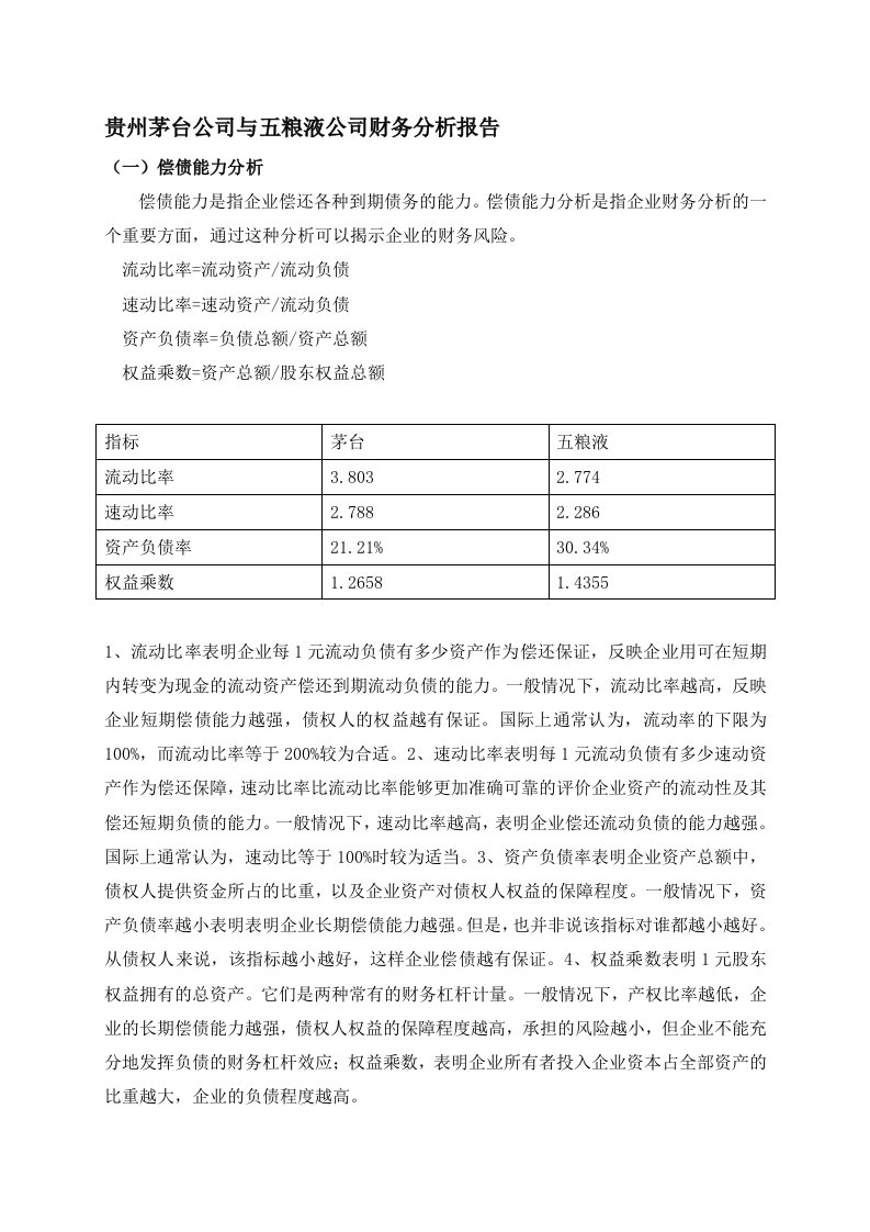 贵州茅台公司与五粮液公司财务分析报告